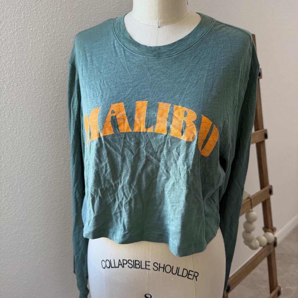 PINK Victoria's Secret Malibu Forest Green Long Sleeve Top Orange Print Medium
